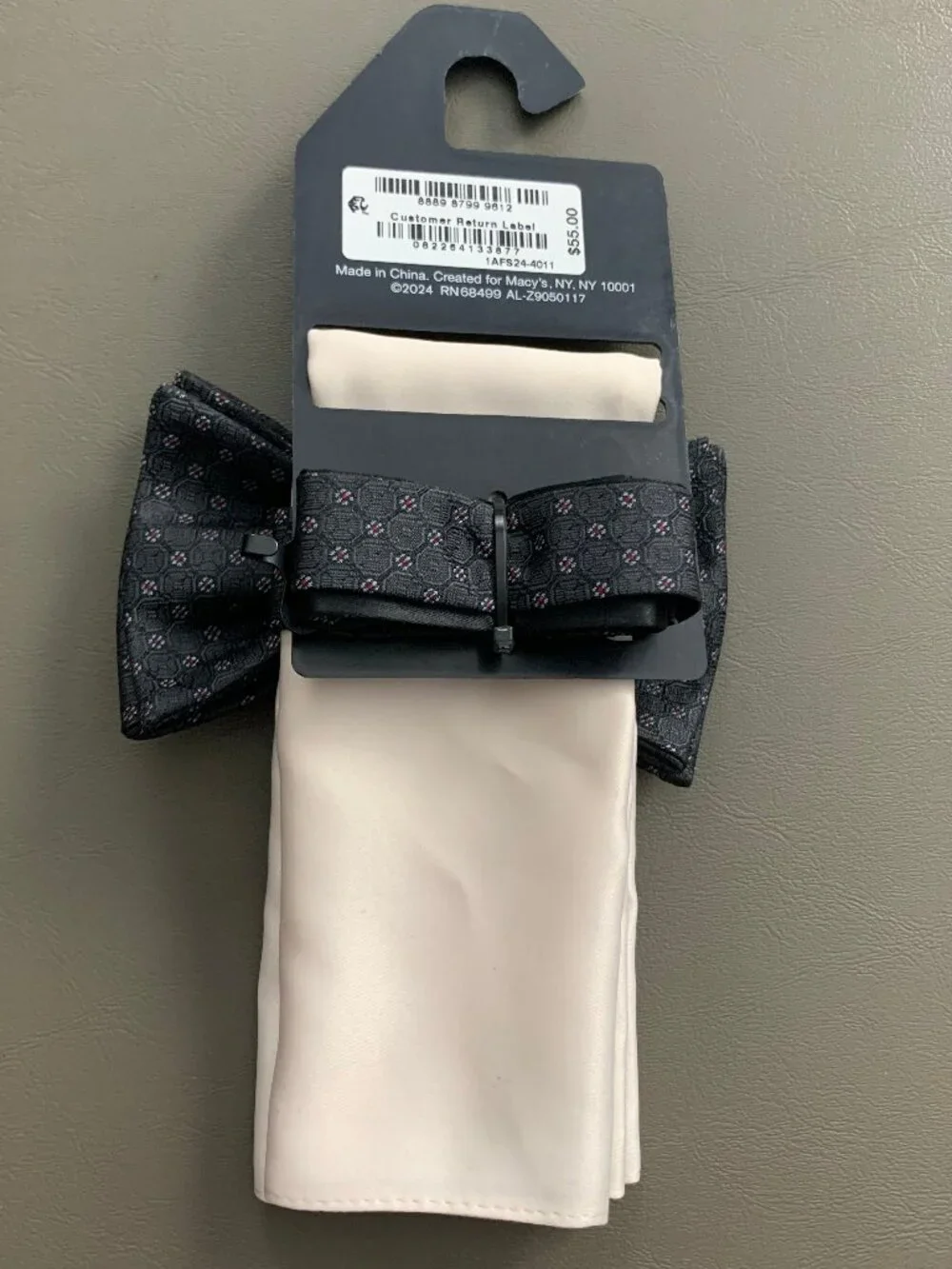 Alfani Men's Prince Geometric Bow Tie & Solid Pocket Square Set, Black Beige
